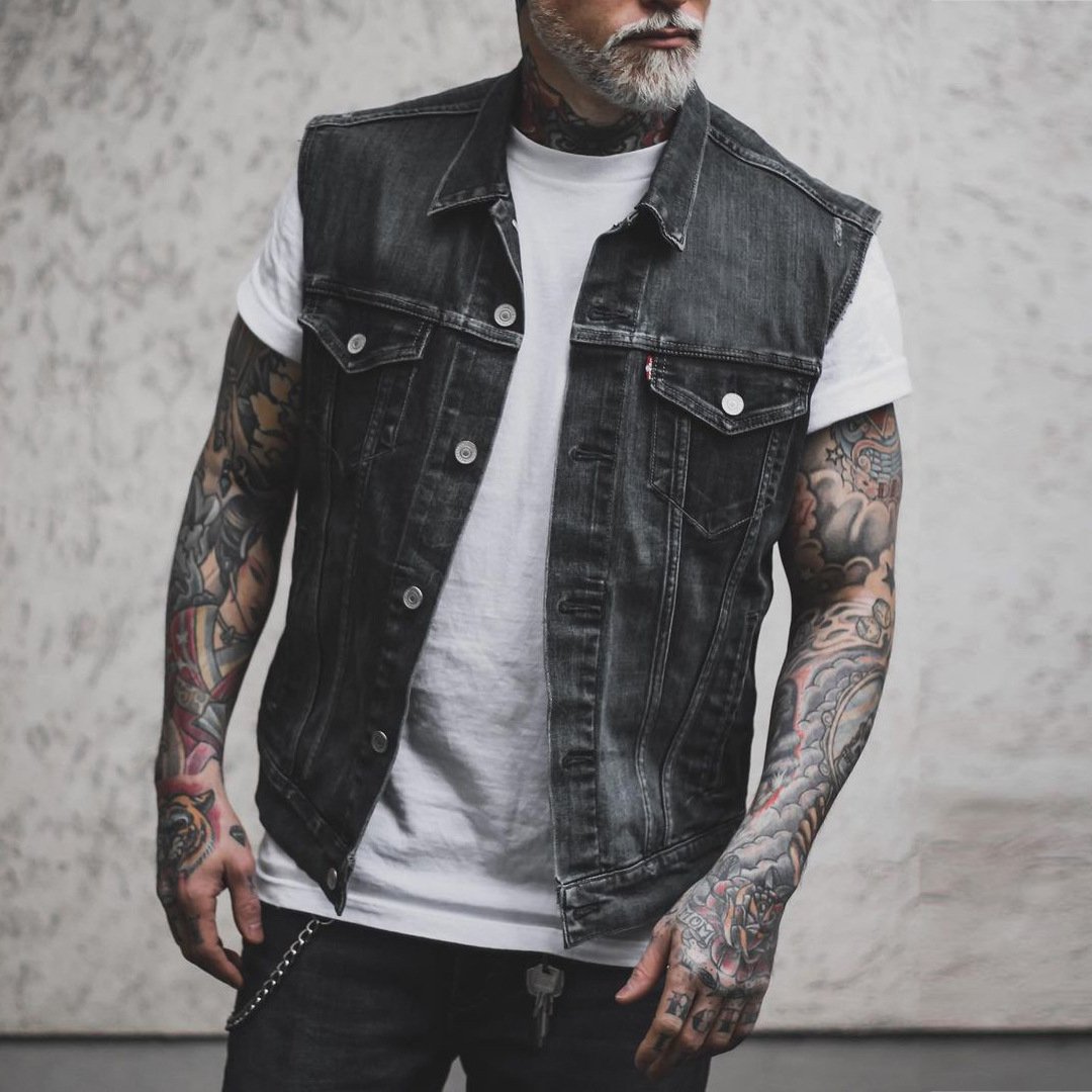 Men's Punk Casual Denim Vest Sleeveless Fashion Jacket Print Urban Streetwear Spring Summer Motorcycle Club biker Denim Vest