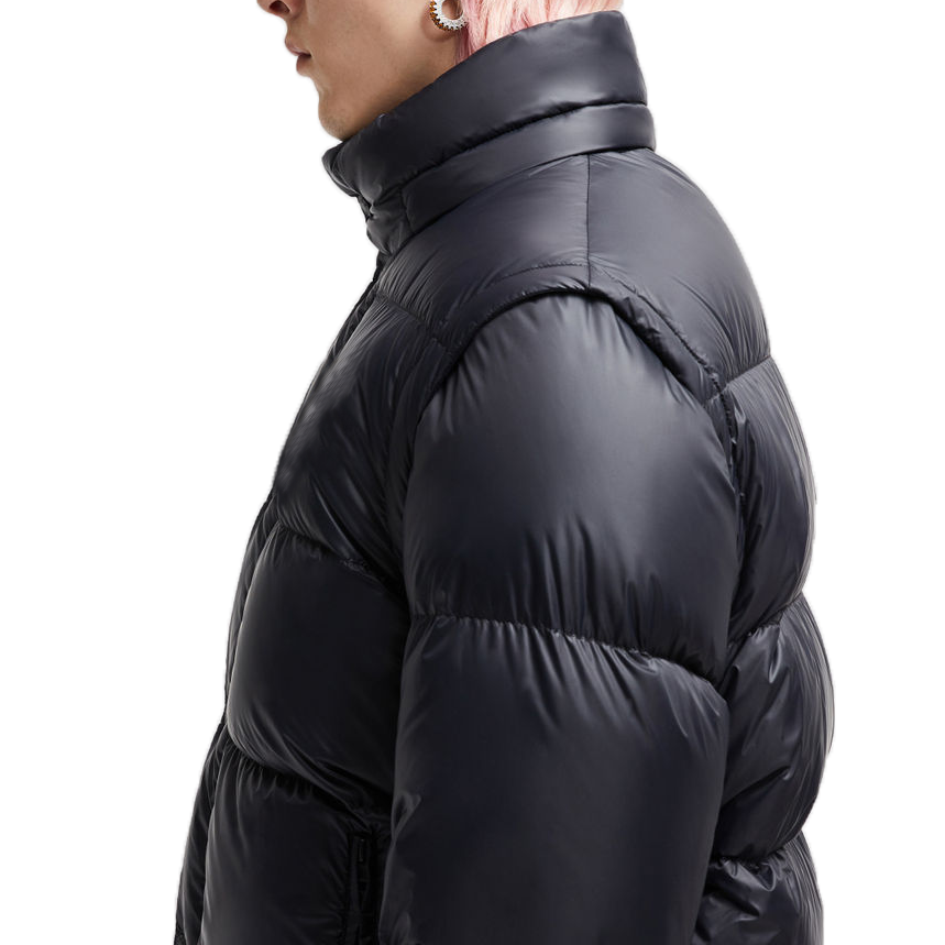 custom matte fabric men's jackets hooded thick lining jacket for men ribbed cuff detachable sleeve puffer jacket
