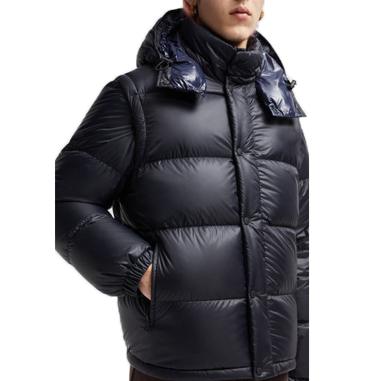 custom matte fabric men's jackets hooded thick lining jacket for men ribbed cuff detachable sleeve puffer jacket