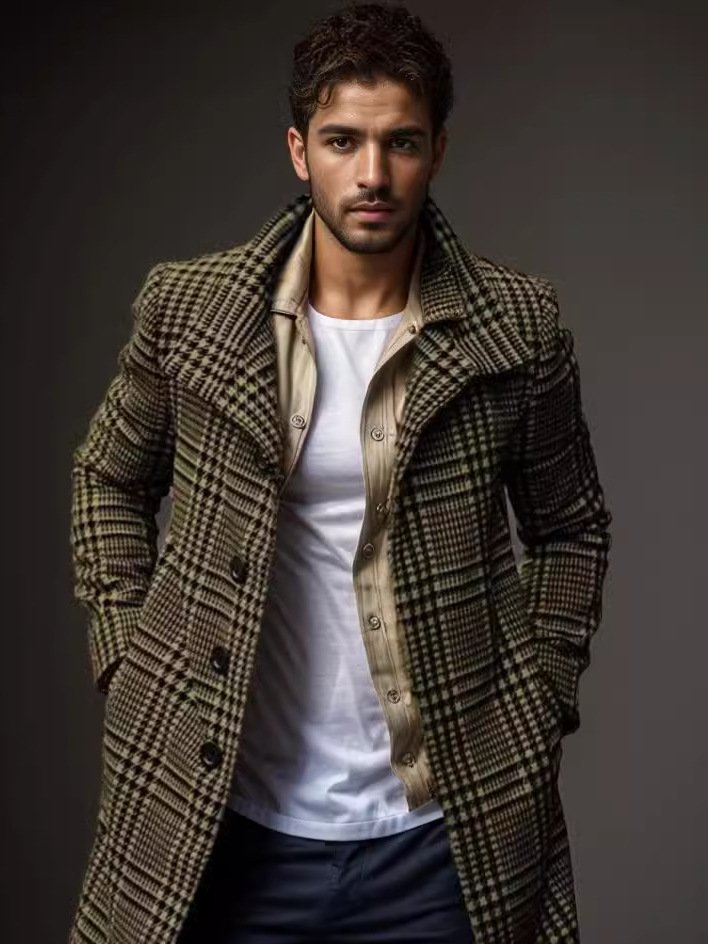 men casual Autumn and winter fashion plaid lapel single breasted men's coat mid length coat