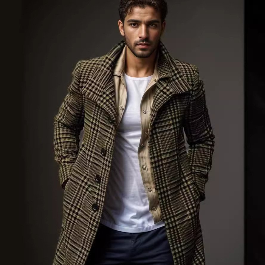 men casual Autumn and winter fashion plaid lapel single breasted men's coat mid length coat