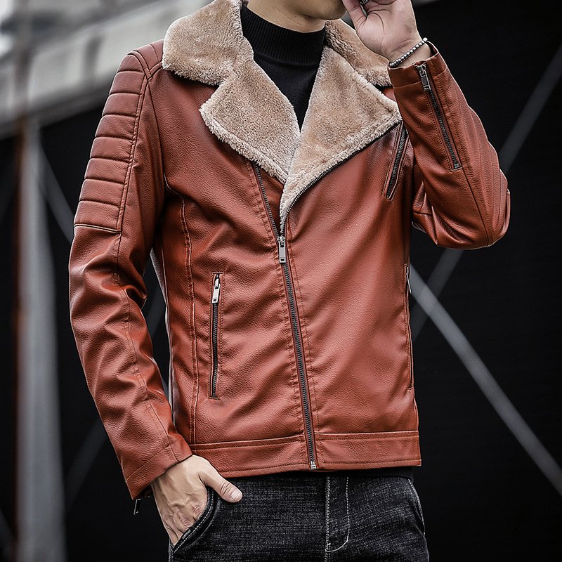 PU Leather Blouson for Men Winter Jacket with Thick Velvet Coat Leopard Pattern Formal Motorcycle Jacket Zipper Closure Summer