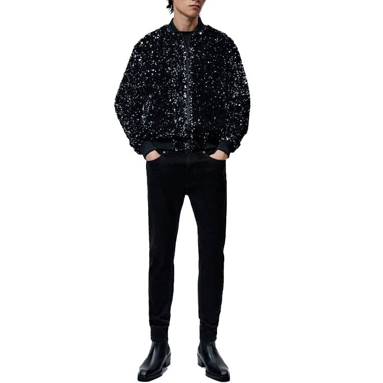Men's fashion winter casual black sequined loose short baseball jacket plus size men's jacket