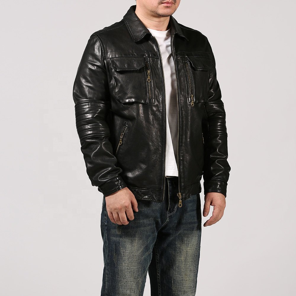 Hunting Vegetable Tanned Sheepskin Large Size Men's Lapel Multi-pocket Smart Casual Motorcycle Riding Genuine Leather Jacket