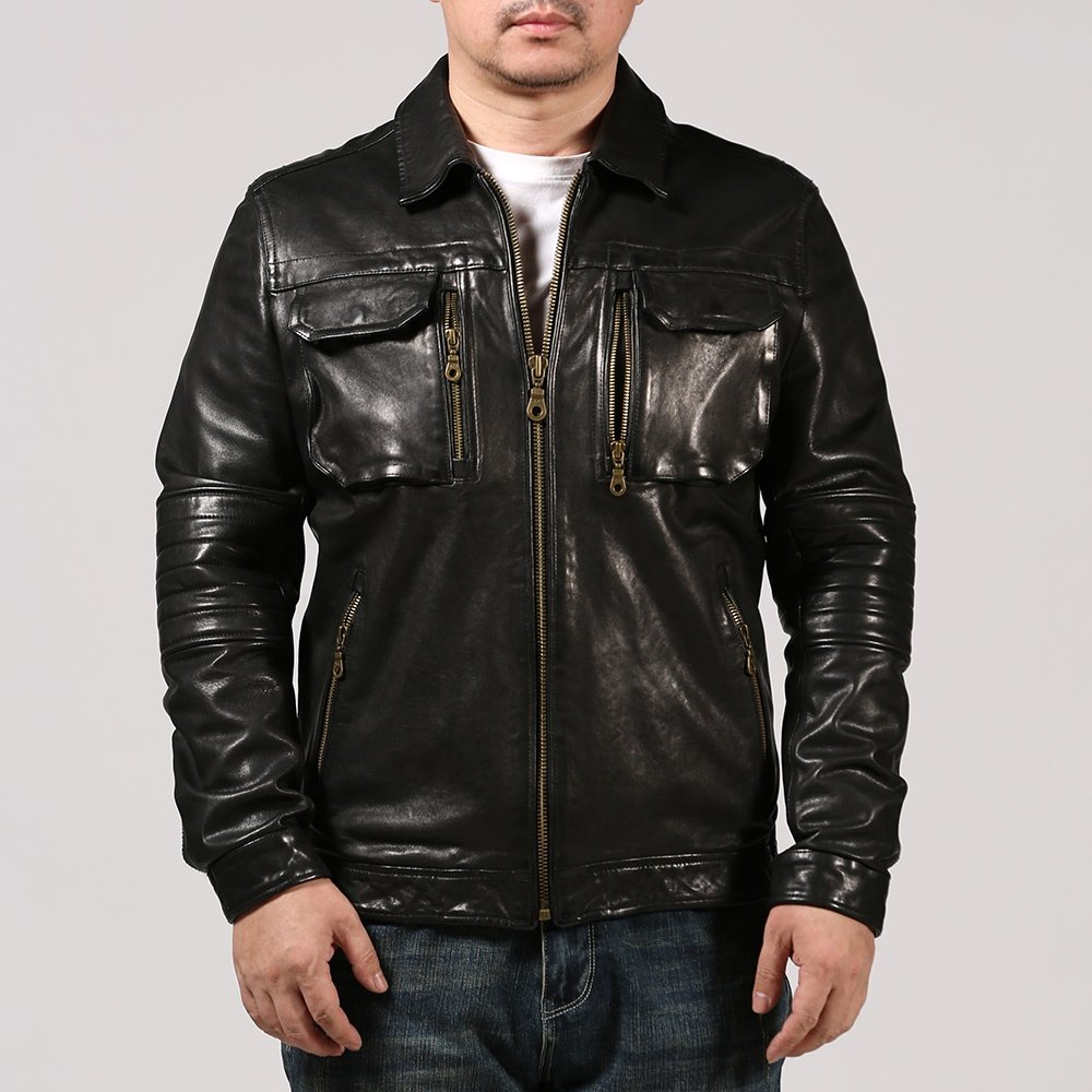 Hunting Vegetable Tanned Sheepskin Large Size Men's Lapel Multi-pocket Smart Casual Motorcycle Riding Genuine Leather Jacket