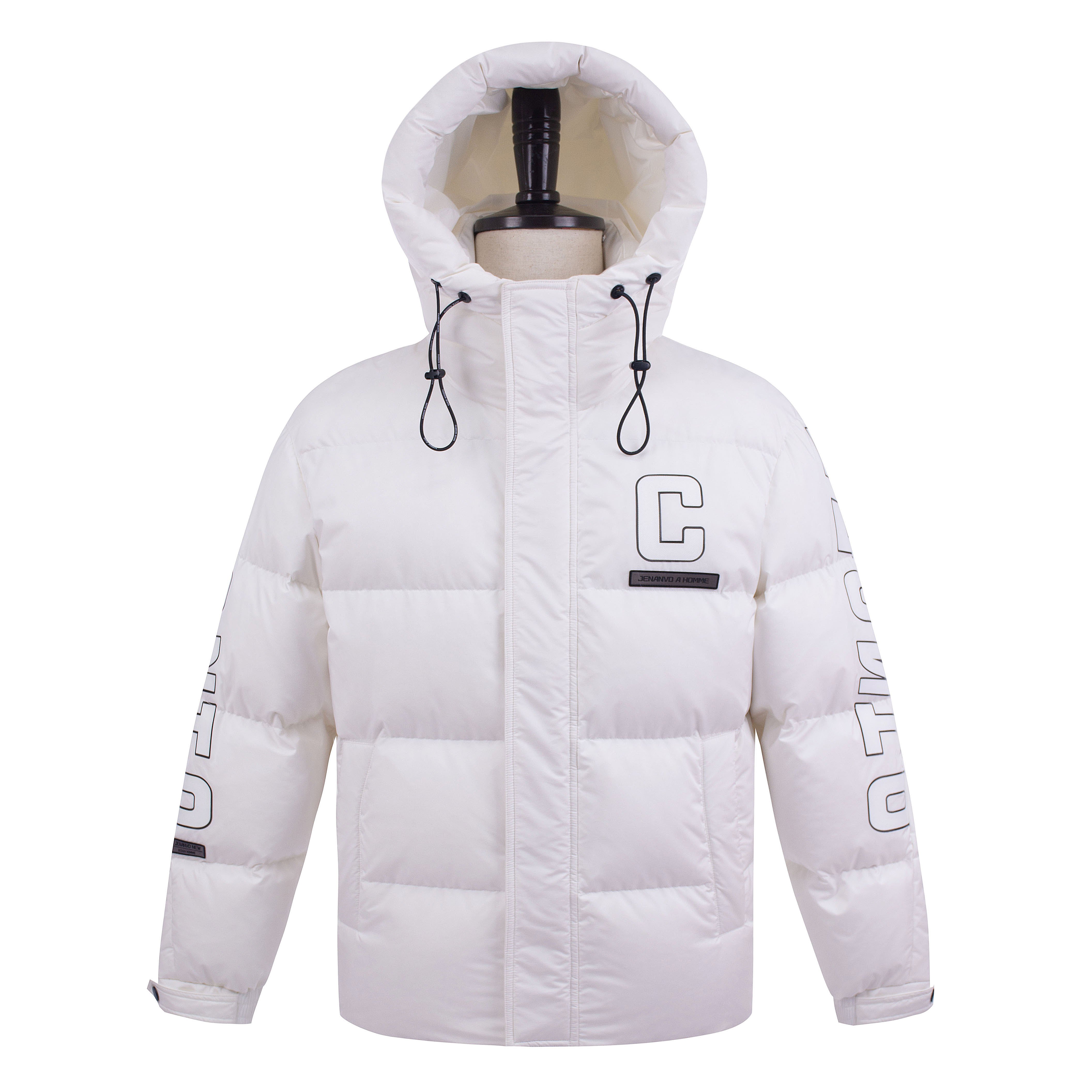 Wholesale Fashionable Custom Warm Windproof Standing Collar Hooded Casual Loose Men's Zipper Print Down Jacket For Winter