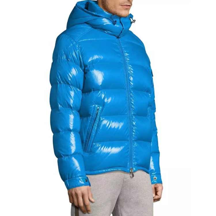 Wholesale Men's Black Shiny Puffer Jacket Custom Logo Breathable Hooded Parka Quilted Winter Coat Casual Pattern Feathers