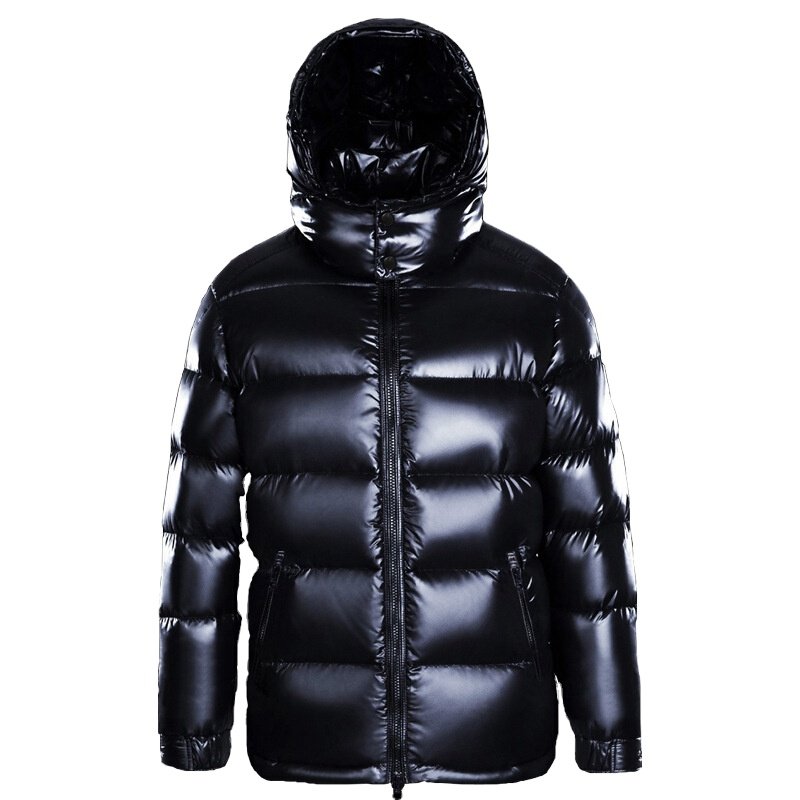 Wholesale Men's Black Shiny Puffer Jacket Custom Logo Breathable Hooded Parka Quilted Winter Coat Casual Pattern Feathers