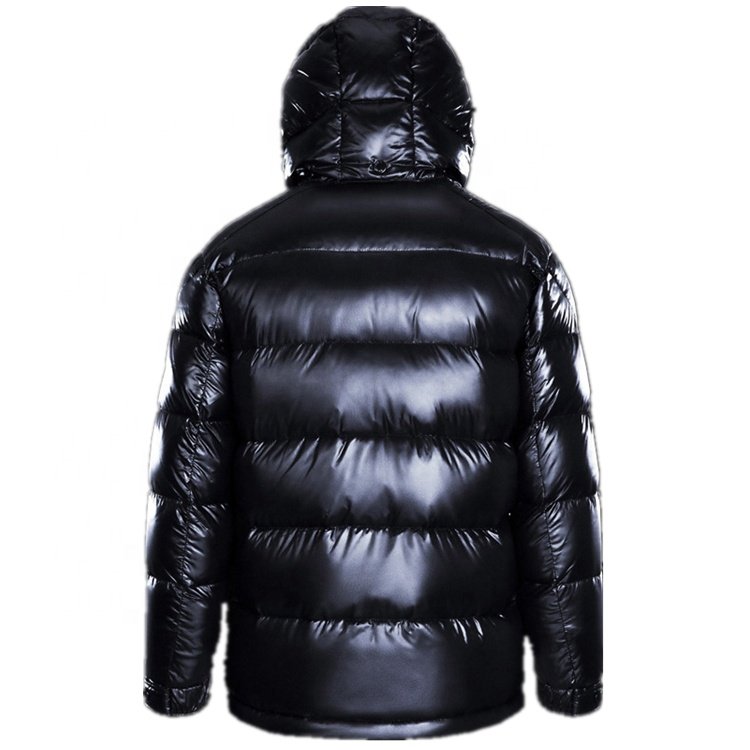 Wholesale Men's Black Shiny Puffer Jacket Custom Logo Breathable Hooded Parka Quilted Winter Coat Casual Pattern Feathers
