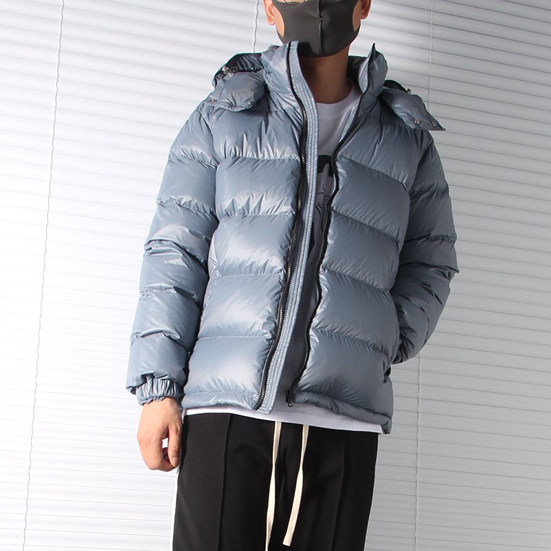 Wholesale Men's Black Shiny Puffer Jacket Custom Logo Breathable Hooded Parka Quilted Winter Coat Casual Pattern Feathers