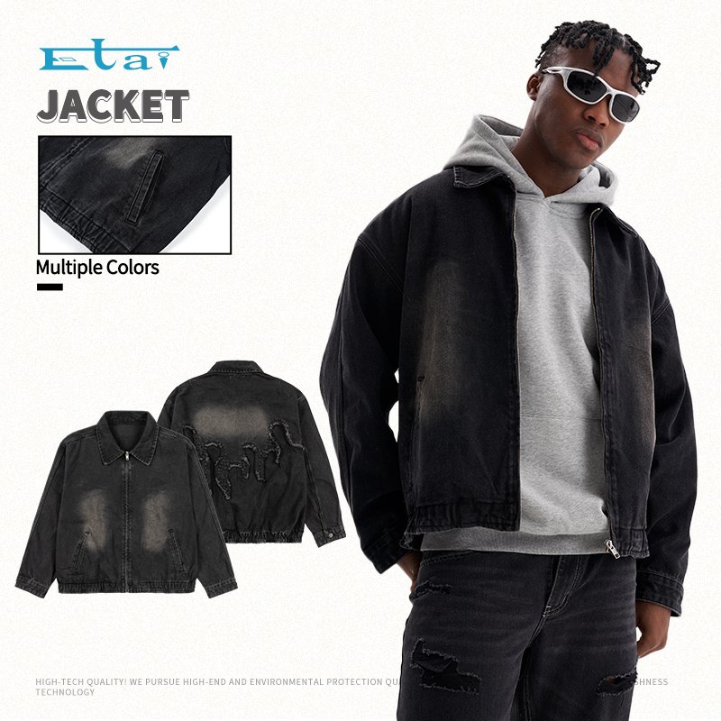 high quality shirt collar boxy cropped fit denim jacket custom wash streetwear men's clothing jacket for men