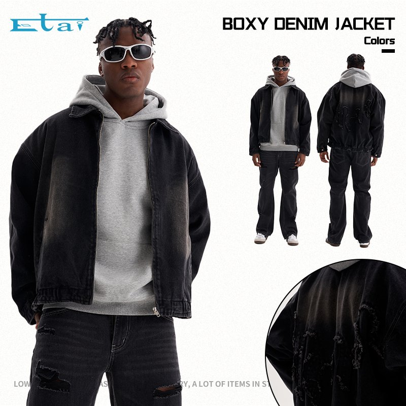 high quality shirt collar boxy cropped fit denim jacket custom wash streetwear men's clothing jacket for men