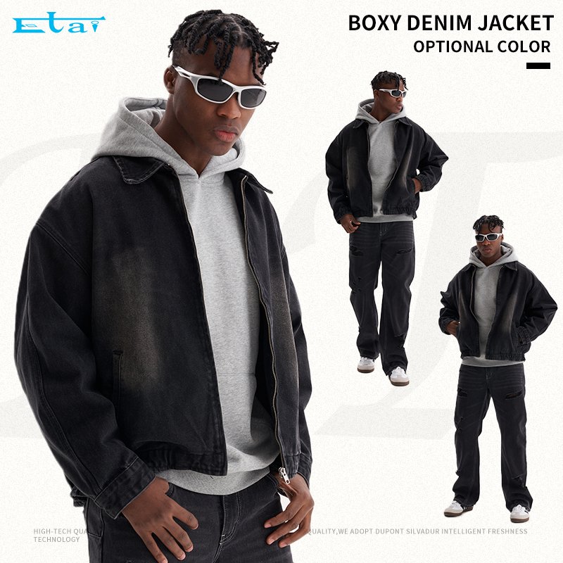high quality shirt collar boxy cropped fit denim jacket custom wash streetwear men's clothing jacket for men
