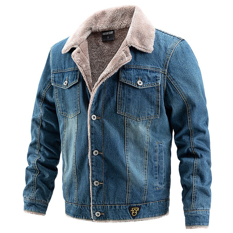 Men's Vintage Corduroy Denim Jacket Casual Stand Collar Button Down Sherpa Fleece Lined Mens Jacket