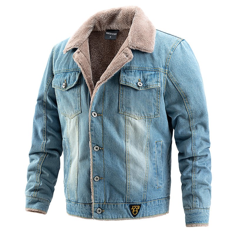 Men's Vintage Corduroy Denim Jacket Casual Stand Collar Button Down Sherpa Fleece Lined Mens Jacket