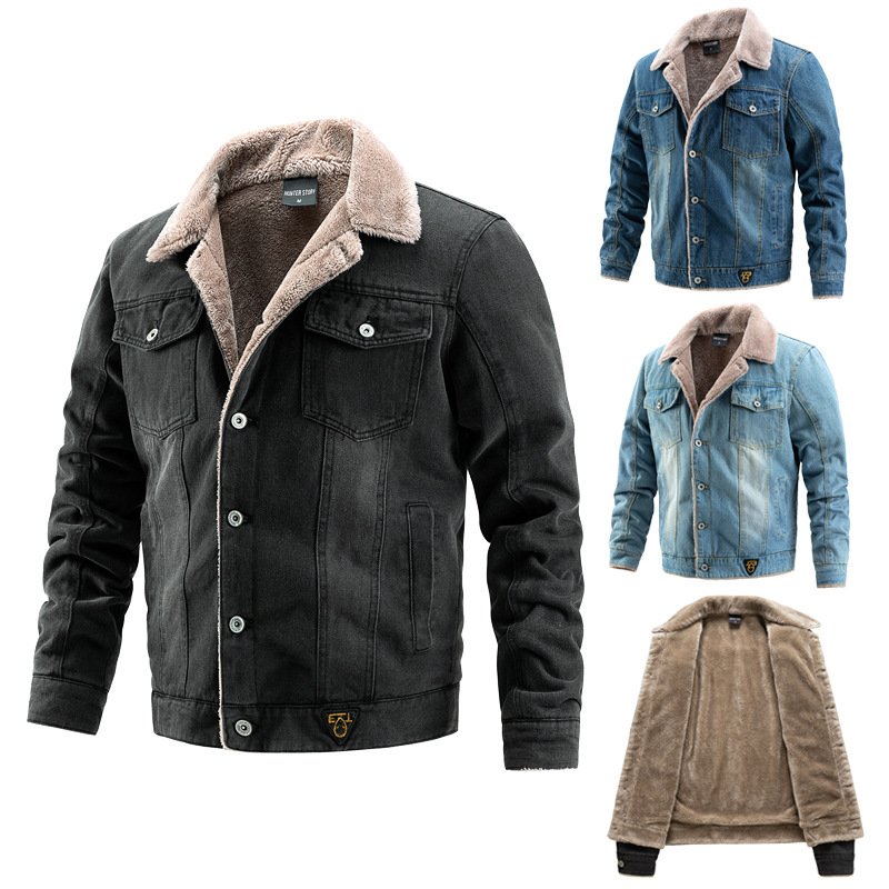 Men's Vintage Corduroy Denim Jacket Casual Stand Collar Button Down Sherpa Fleece Lined Mens Jacket