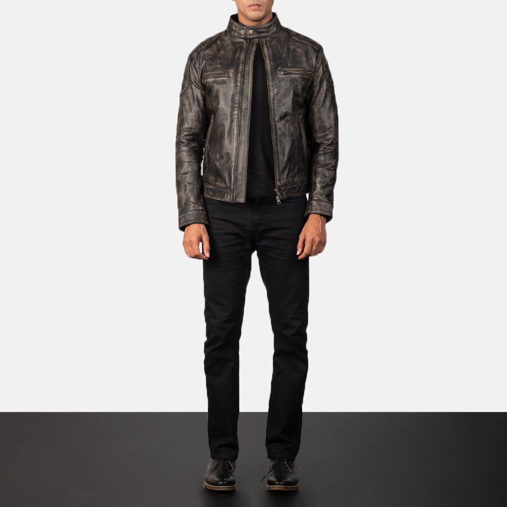 Men's Jackets men biker jacket safety wear best quality cowhide leather band with snap button cuff style open hem wax leather