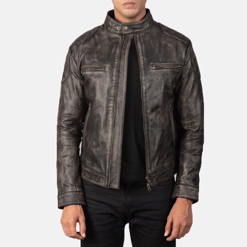 Men's Jackets men biker jacket safety wear best quality cowhide leather band with snap button cuff style open hem wax leather