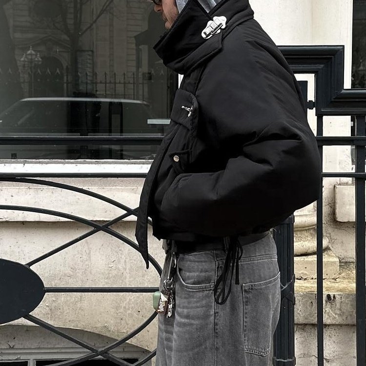 Wholesale latest design patchwork black unisex puffer jacket with short style
