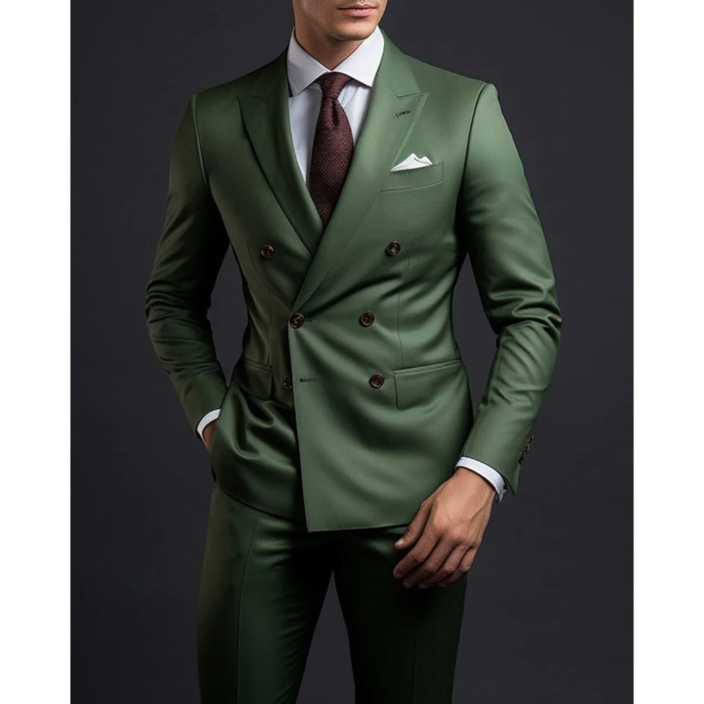 Double Breasted Green Peaked Lapel Formal Party Men's Suit Regular Length Elegant Blazer 2 Pieces Jacket Pants Male Clothing