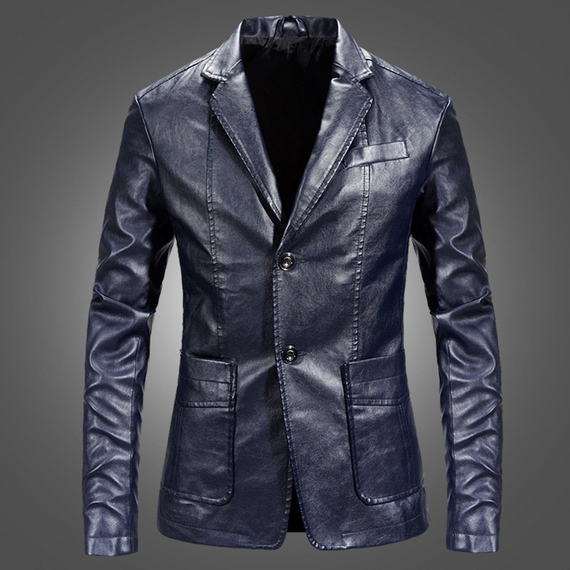 Korean version slim fit and handsome suit, spring leather jacket, PU leather motorcycle jacket men's coats