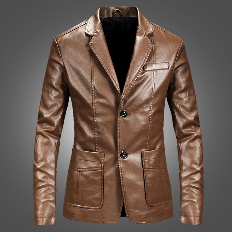 Korean version slim fit and handsome suit, spring leather jacket, PU leather motorcycle jacket men's coats