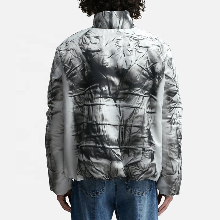 Men's winter regular sleeve tie-dye pleated design down puffer jacket with stand collar zipper
