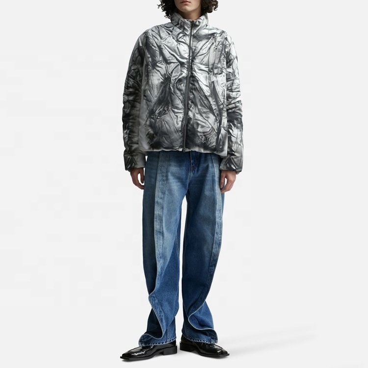 Men's winter regular sleeve tie-dye pleated design down puffer jacket with stand collar zipper