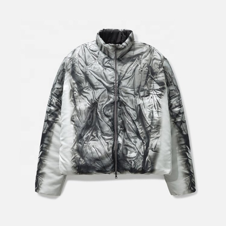 Men's winter regular sleeve tie-dye pleated design down puffer jacket with stand collar zipper