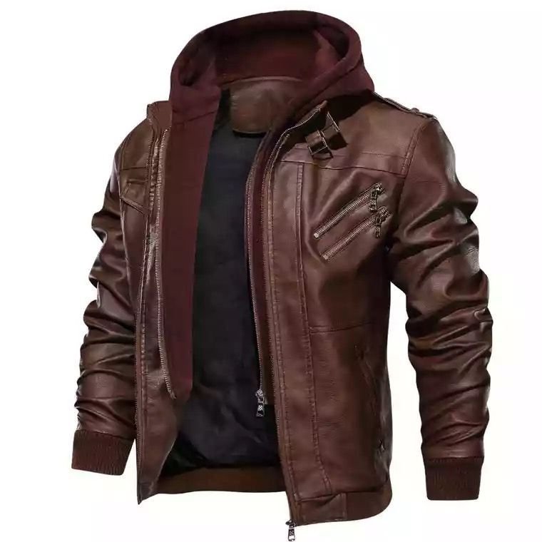 5XL Winter Casual Vintage Black Zipper Biker Hooded Jacket Coat Men Long Sleeve Mens Leather Jacket Motorcycle Jacket