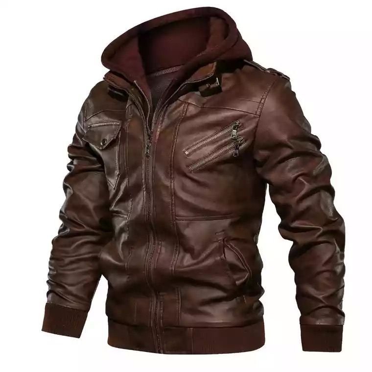 5XL Winter Casual Vintage Black Zipper Biker Hooded Jacket Coat Men Long Sleeve Mens Leather Jacket Motorcycle Jacket