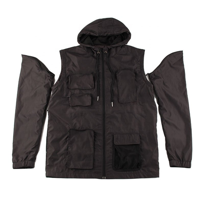 Custom Wholesale Black Plain Lightweight Multi-Pocket Men's Windbreaker jacket