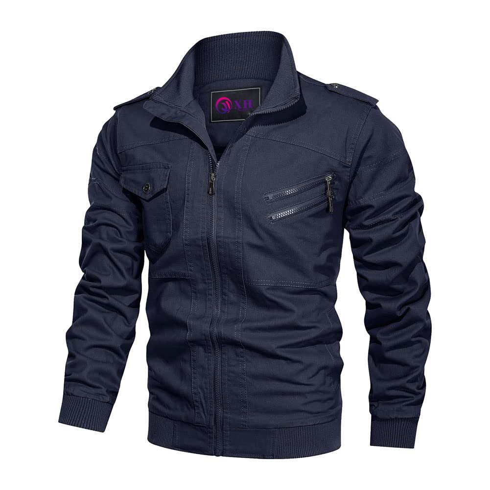 Multi Pocket men's jacket canvas casual zipper autumn coat Vintage outdoor wear solid color bomber jacket