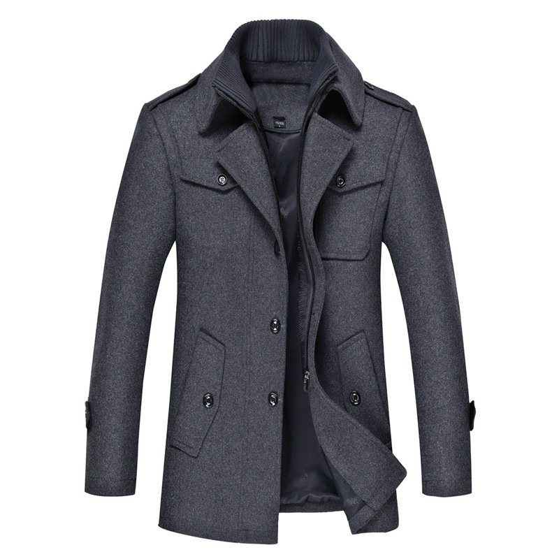 Business Solid Color Suit Collar Men's Jacket Woolen Jacket Men's Long Coat