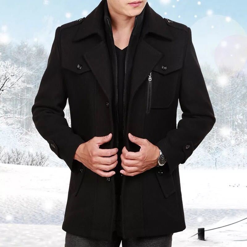 Business Solid Color Suit Collar Men's Jacket Woolen Jacket Men's Long Coat