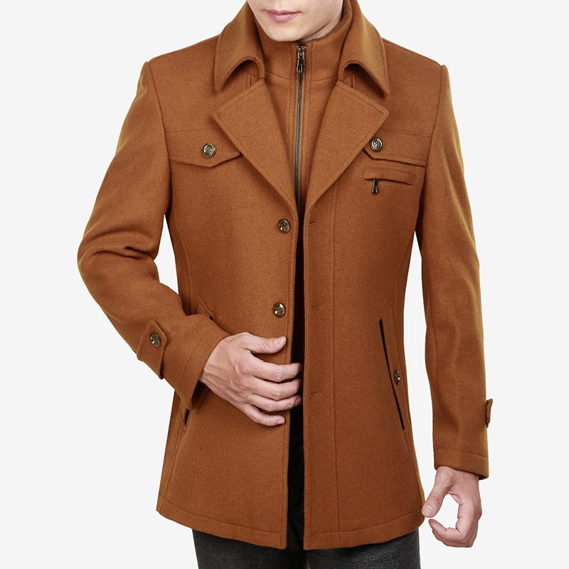 Business Solid Color Suit Collar Men's Jacket Woolen Jacket Men's Long Coat