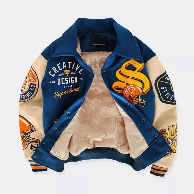 Winter men's quilted training baseball jacket with embroidered patches