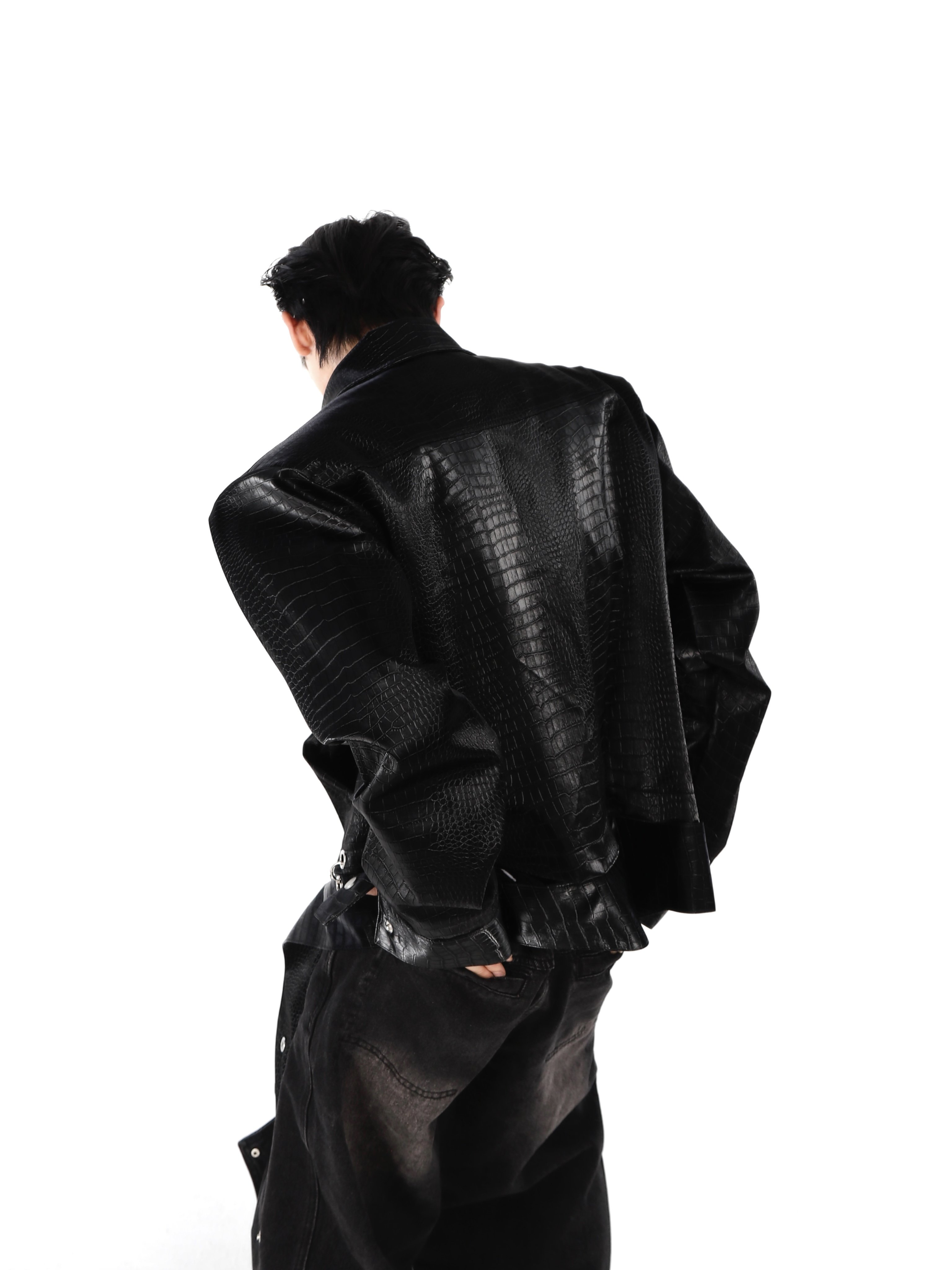 C11# European design Vintage fashion crocodile pattern pu leather jacket men's shoulder padded Coats plus size