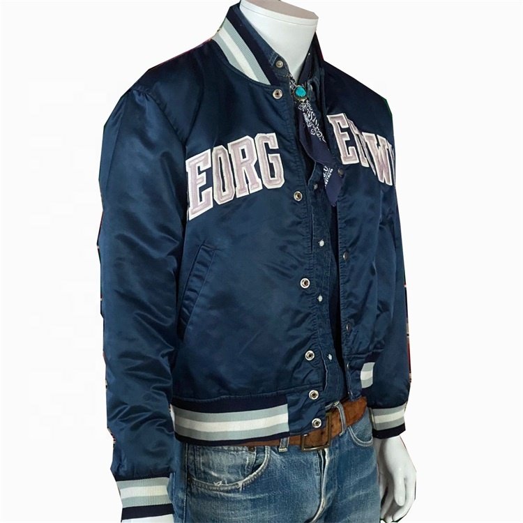 OEM custom winter color 80s retro fashion satin starter ribbed elastic cuff varsity jacket for men