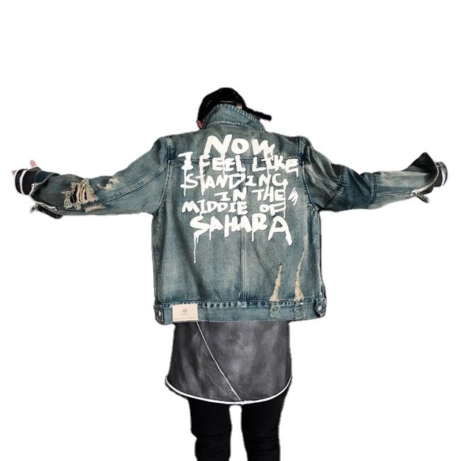 Clothing Factory Men No Hooded Design Printing Custom Jean Denim Jacket Button Letter Printed Denim Jacket Custom Jeans Jacket
