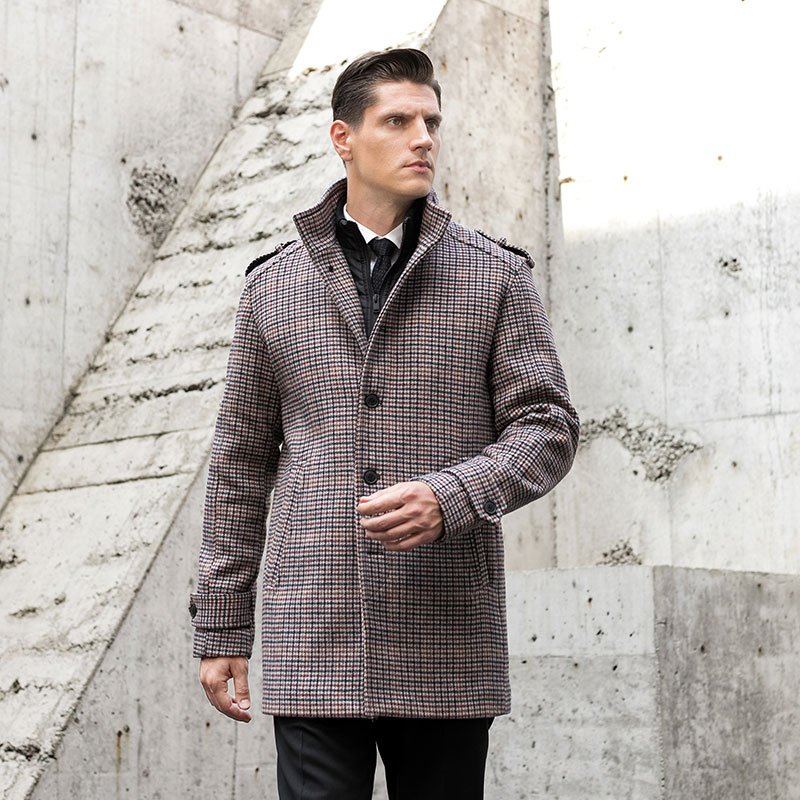 Check Single Breasted Houndstooth Recycled Woolen Longer Fashion Padding Warm Coat Coat Garment Fashion Men's Red New OVERCOAT