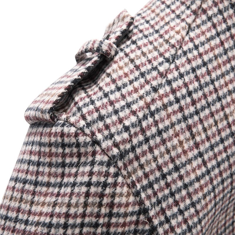Check Single Breasted Houndstooth Recycled Woolen Longer Fashion Padding Warm Coat Coat Garment Fashion Men's Red New OVERCOAT