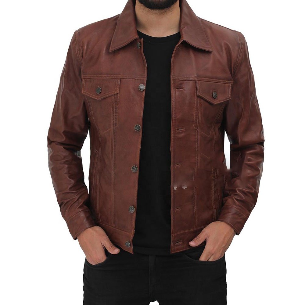 Men's Brown Leather Biker Trucker Jackets Windbreaker Leather Biker Jackets with Shirt collar with button closure Leather Jacket