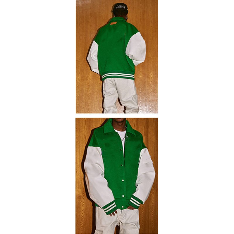 Custom Logo Drop Shoulder Unisex Cut And Sew Letterman College Bomber Flight Letterman Varsity Jacket With Cotton Sleeve