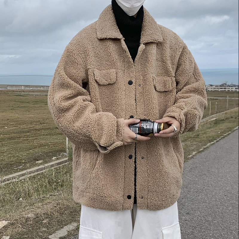 Custom Korean Mens Casual Sherpa Fleece Zipper Loose Fit Men's Winter Jacket Custom Sherpa Fleece Jacket