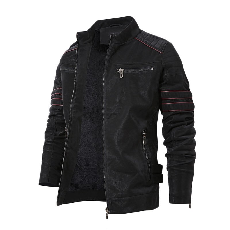 Men's Casual Leather Jacket with Stand Collar Plus Size Autumn Coat with Zipper Closure Canvas Fabric Blouson Finished Item