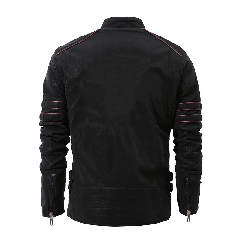 Men's Casual Leather Jacket with Stand Collar Plus Size Autumn Coat with Zipper Closure Canvas Fabric Blouson Finished Item