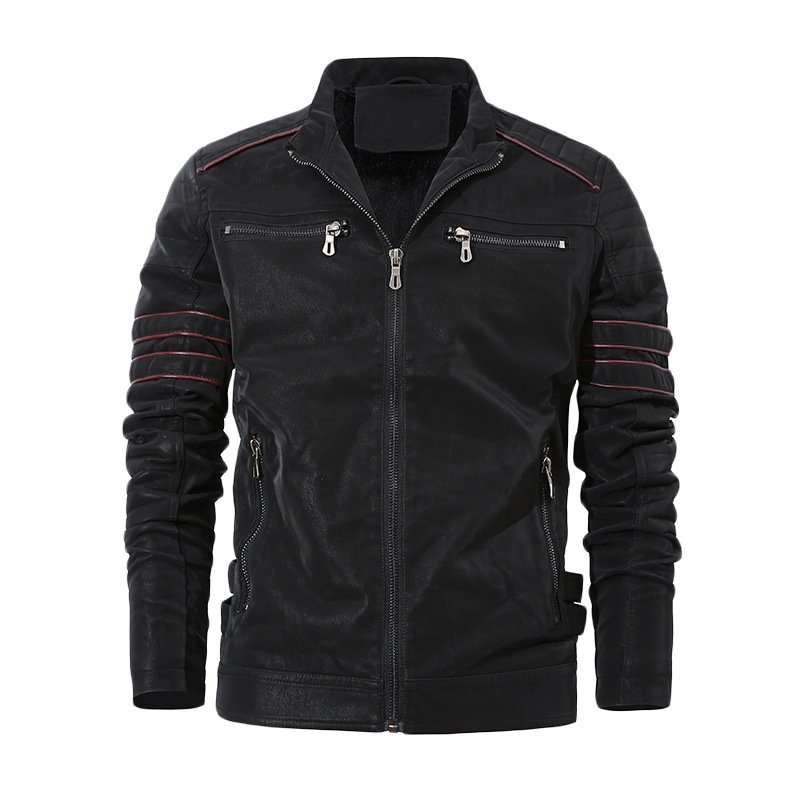 Men's Casual Leather Jacket with Stand Collar Plus Size Autumn Coat with Zipper Closure Canvas Fabric Blouson Finished Item
