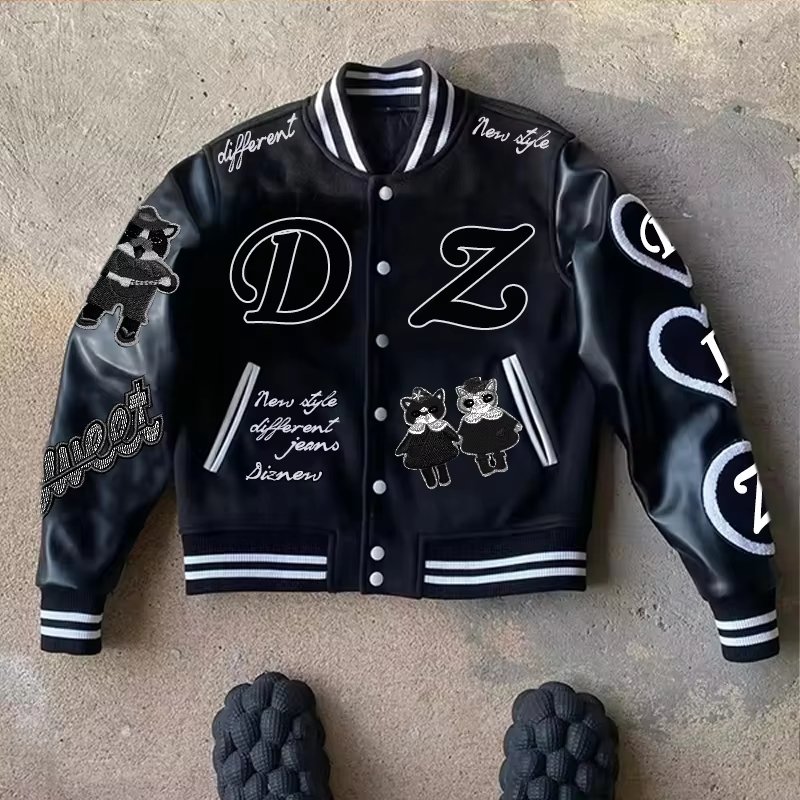 DiZNEW Stitching Bomber jacket Custom Chenille embroidered and embossed satin Letterman jacket for men's street baseball coat