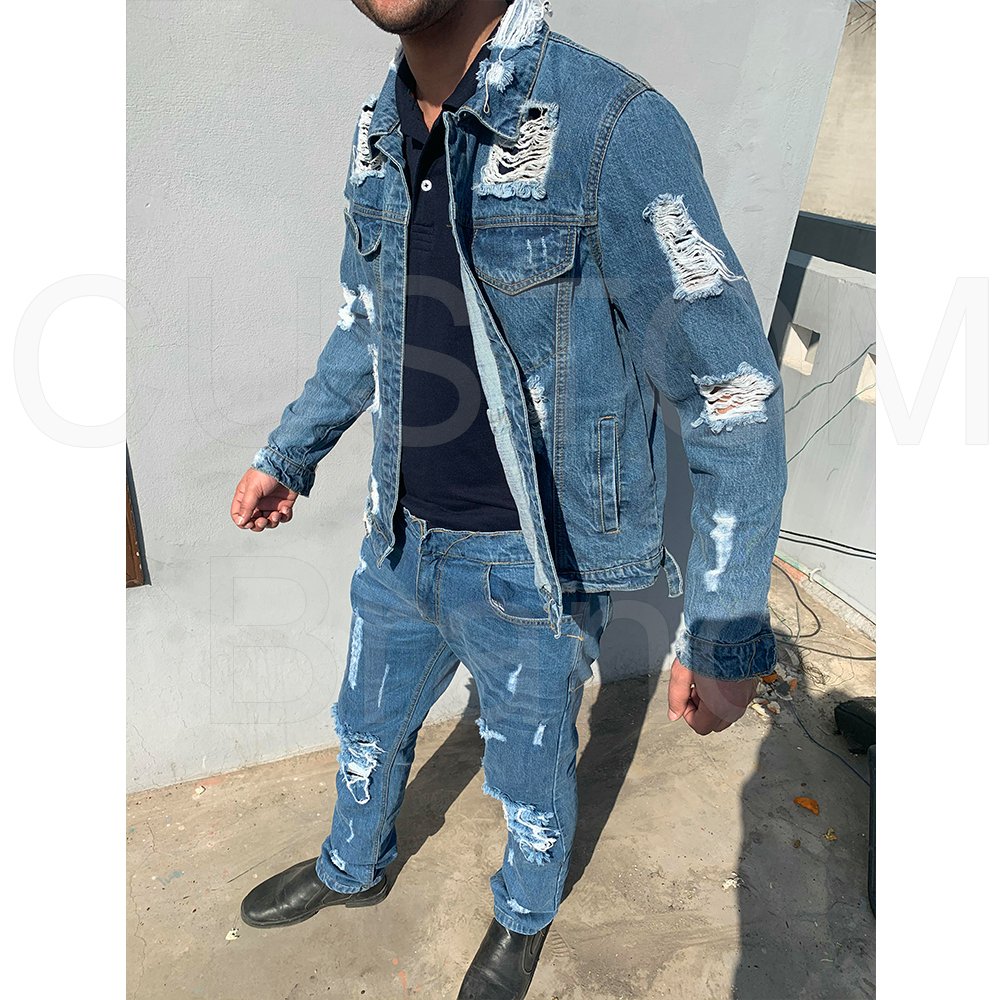 Fashion Men Denim Jacket Jeans Two Piece Set Autumn Slim Fit Matching Sets Casual Streetwear Winter Fleece Lining jacket